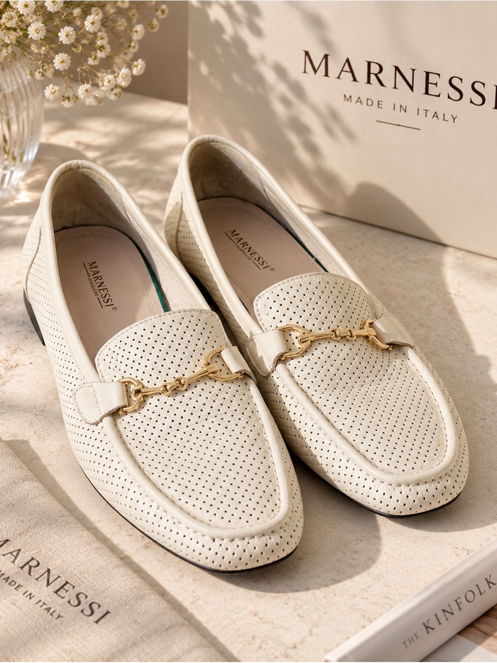 Marnessi Cream Leather Perforated Loafers Moccasins EU 40 US 9 Flat